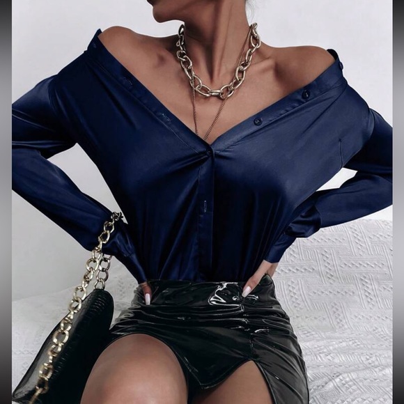 Luxe Stain Button Down Up Shirt Top Blouse Work Office Navy Blue - Picture 4 of 6